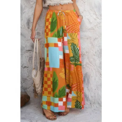 Truedames Allover Print Drawstring Pockets Wide Leg Pants In Orange