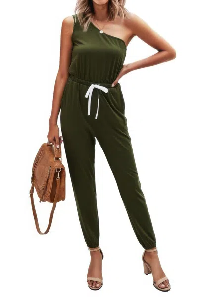 Truedames One Shoulder Sleeveless Elastic Waist Jumpsuit In Green