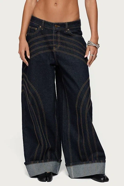 Edikted Cuffed Low Rise Wide Leg Jeans In Blue