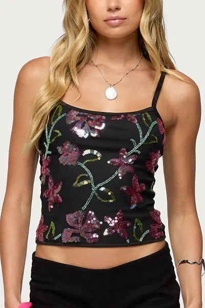 Edikted Beaded Floral Embroidered Tank Top In Black