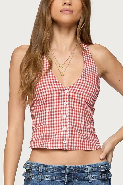 Edikted Evan Gingham Cotton Halter Top In Red
