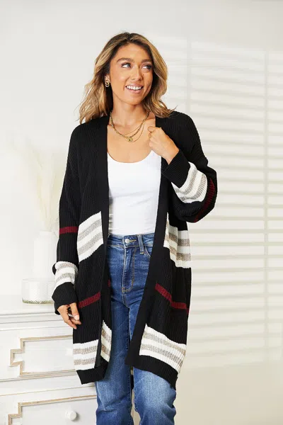 Truedames Striped Rib-knit Drop Shoulder Open Front Cardigan In Black