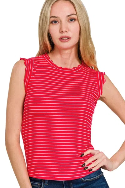 Truedames Ribbed Ruffle Trim Sleeveless Stripe Top In Red