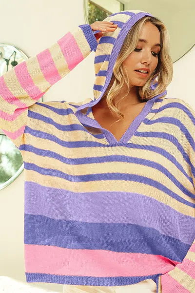 Truedames Striped Color Block Hooded Knit Top In Blue