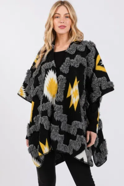 Truedames Fuzzy Aztec Pattern Kimono Poncho In Black