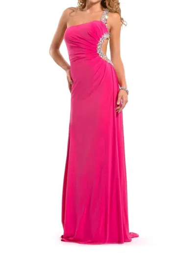 Rachel Allan One Shoulder Heavily Beaded Strap Gown In Fuchsia In Pink