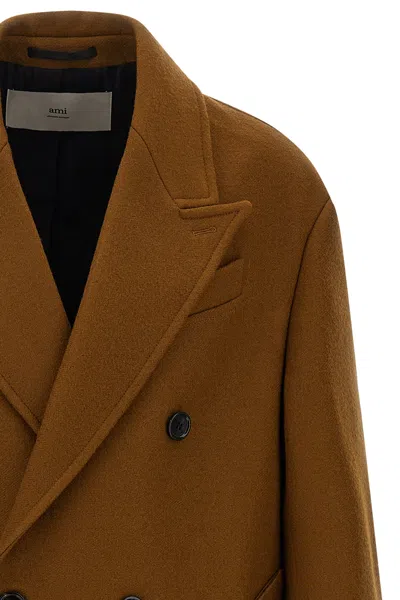 Ami Alexandre Mattiussi Double-breasted Coat Featuring Back Vent And Notched Lapels In Brown