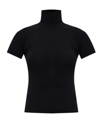 Max Mara Short-sleeved Wool Turtleneck Top In Black