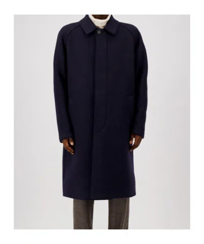 Harris Wharf London Blue Virgin Wool Coat With Hidden Buttoning And Raglan Sleeves In Black