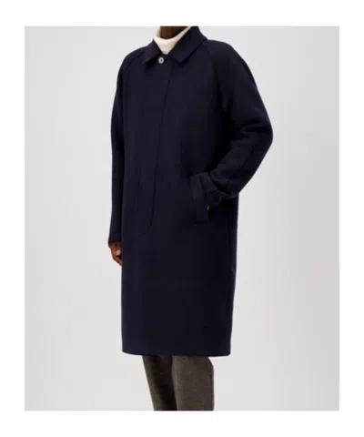 Harris Wharf London Blue Virgin Wool Coat With Hidden Buttoning And Raglan Sleeves In Black
