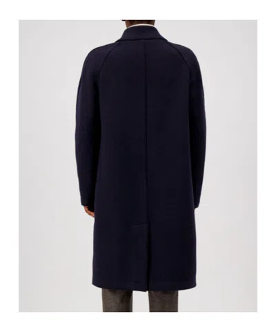 Harris Wharf London Blue Virgin Wool Coat With Hidden Buttoning And Raglan Sleeves In Black