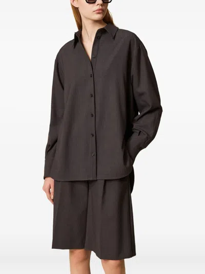 Twinset Grey Shirt With Classic Collar And Logo Plaque On The Rear In Viscose Blend Stretch Woman In Black