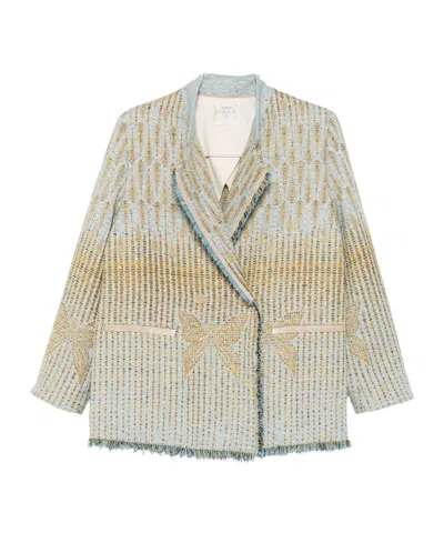 Forte Forte Yellow Jacket With All-over Pattern And Frayed Edges In Cotton Blend Woman In Blue