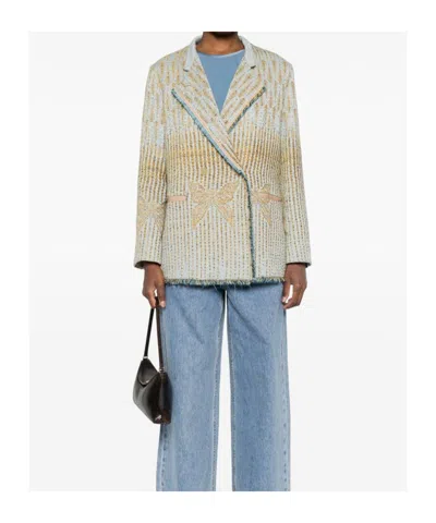 Forte Forte Yellow Jacket With All-over Pattern And Frayed Edges In Cotton Blend Woman In Blue