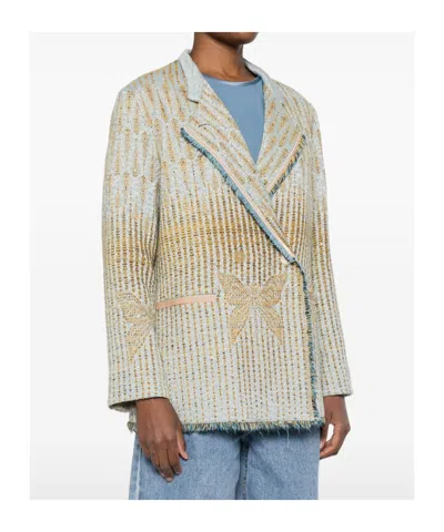 Forte Forte Yellow Jacket With All-over Pattern And Frayed Edges In Cotton Blend Woman In Blue