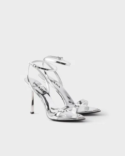 Prada Silver Metallic Leather High Sandals In Silver