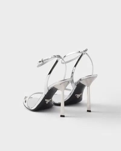 Prada Silver Metallic Leather High Sandals In Silver