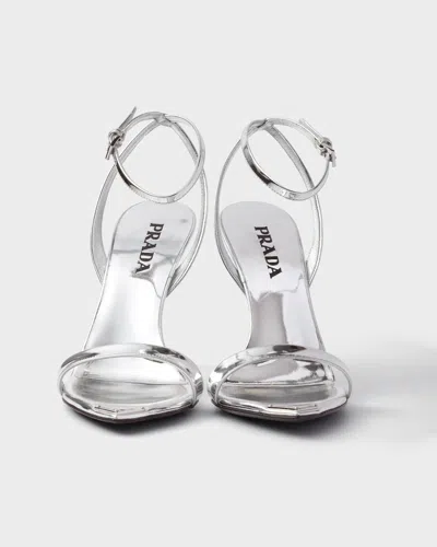 Prada Silver Metallic Leather High Sandals In Silver