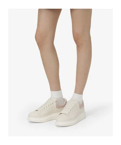Alexander Mcqueen Oversize Sneakers In White Leather With Pink Suede Heel In White