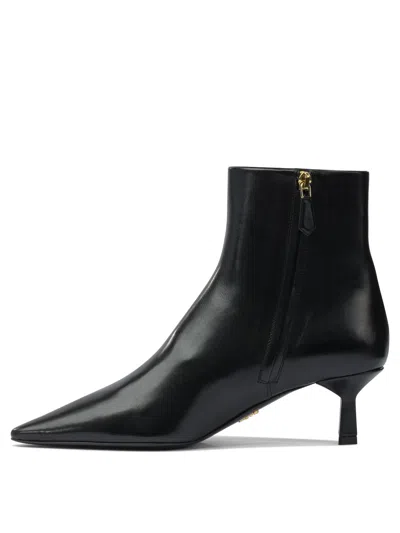 Prada Triangle Logo Leather Kitten-heel Booties In Black