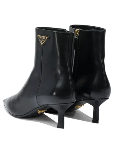 Prada Triangle Logo Leather Kitten-heel Booties In Black