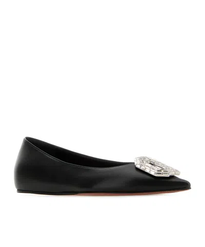 Amina Muaddi Leather Camelia Ballet Flats With Jewel Buckle In Black
