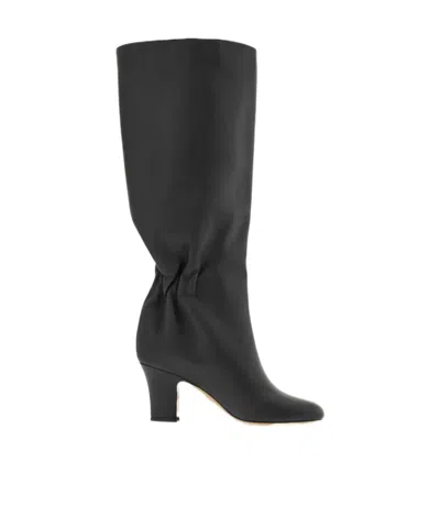 Ferragamo Knee-high Boots With Curled Design And Block Heel In Black