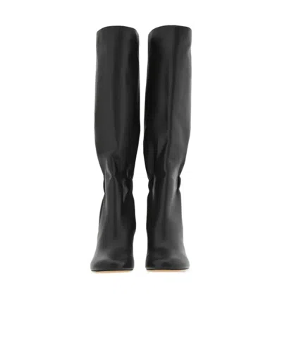 Ferragamo Knee-high Boots With Curled Design And Block Heel In Black