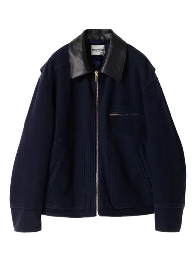 Miu Miu Washed Wool Cloth Blouson Jacket In Blue