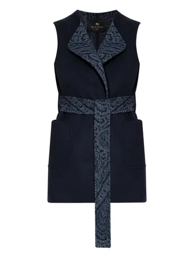 Etro Waist Belt Sleeveless Jacket Front Pockets In Blue