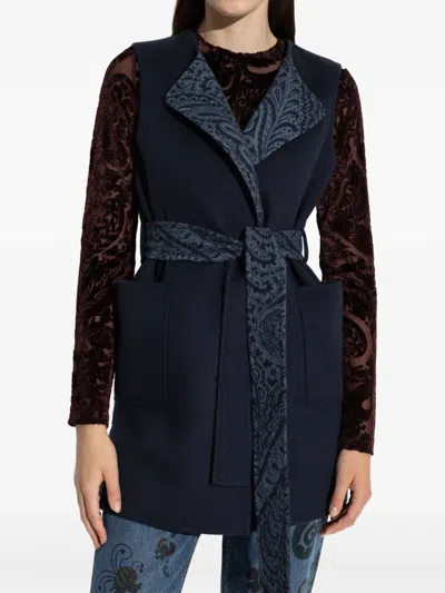 Etro Waist Belt Sleeveless Jacket Front Pockets In Blue