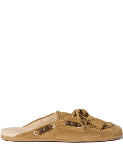 Miu Miu Beaded Tassel Flat Mules In Brown