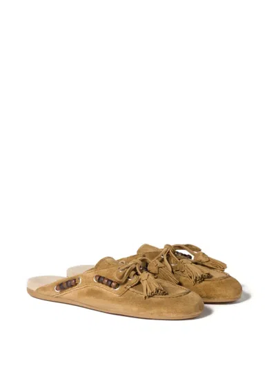Miu Miu Beaded Tassel Flat Mules In Brown