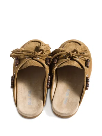 Miu Miu Beaded Tassel Flat Mules In Brown