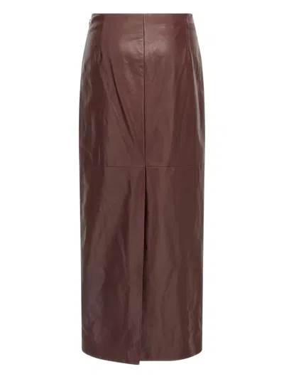Brunello Cucinelli Column Back-split Leather Midi Skirt In Brown