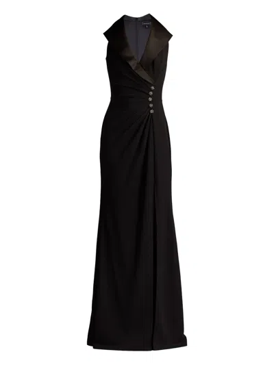 Tadashi Shoji Pleated Jewel-embellished Crepe Tuxedo Gown In Black