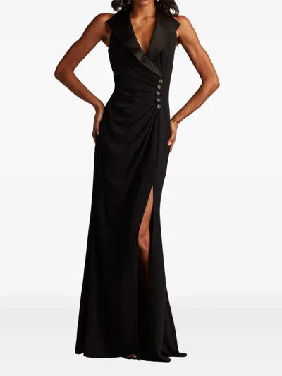 Tadashi Shoji Pleated Jewel-embellished Crepe Tuxedo Gown In Black