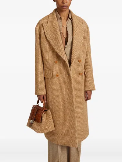Ermanno Scervino Herringbone-pattern Double-breasted Coat In Brown