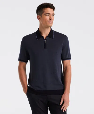 Perry Ellis Men's Bi-color Stitch Zip Polo Sweater In Blue