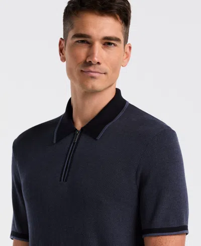 Perry Ellis Men's Bi-color Stitch Zip Polo Sweater In Blue