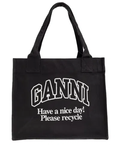 Ganni Recycled Cotton Large Tote Bag In Black