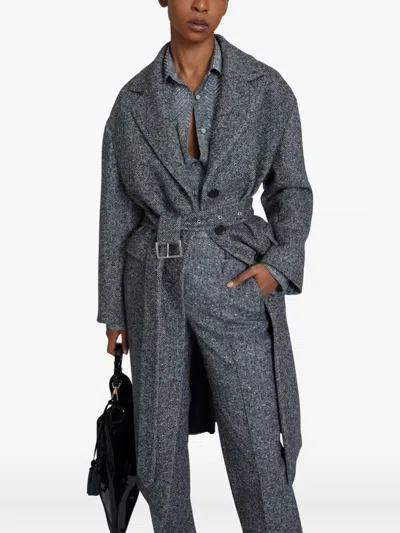 Ermanno Scervino Herringbone-pattern Belted Coat In Gray