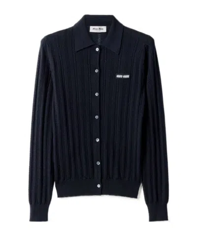 Miu Miu Openwork Cashmere Knitwear With Ribbed Cuffs And Hem In Blue