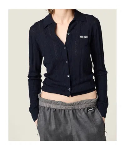 Miu Miu Openwork Cashmere Knitwear With Ribbed Cuffs And Hem In Blue