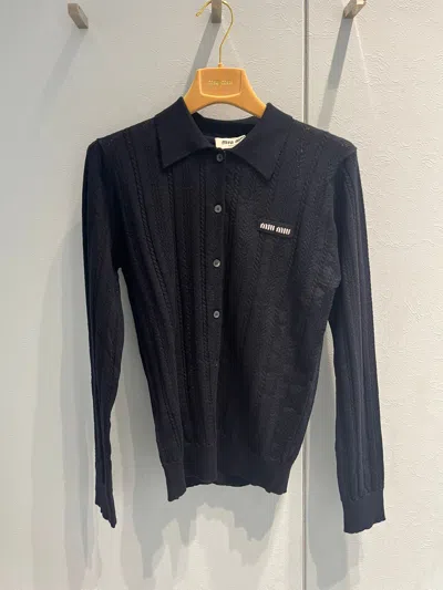 Miu Miu Openwork Cashmere Knitwear With Ribbed Cuffs And Hem In Blue