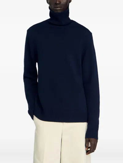 Sandro Ribbed Turtleneck Sweater In Blue