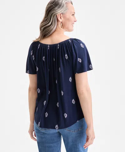 Style & Co Women's Printed Shirred Scoop-neck Top, Exclusively At Macy's In Blue