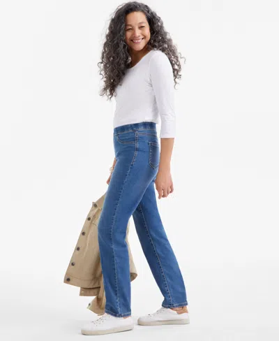 Style & Co Petite Mid-rise Pull-on Straight-leg Jeans, Exclusively At Macy's In Blue