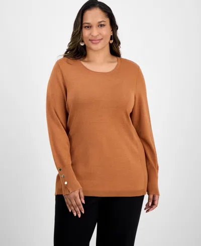 Jm Collection Women's Button-sleeve Crewneck Sweater, Created For Macy's In Orange