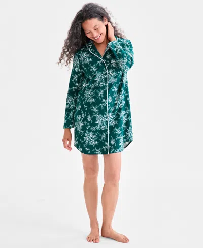 Charter Club Women's Cotton Flannel Printed Long Sleeve Sleepshirt In Green